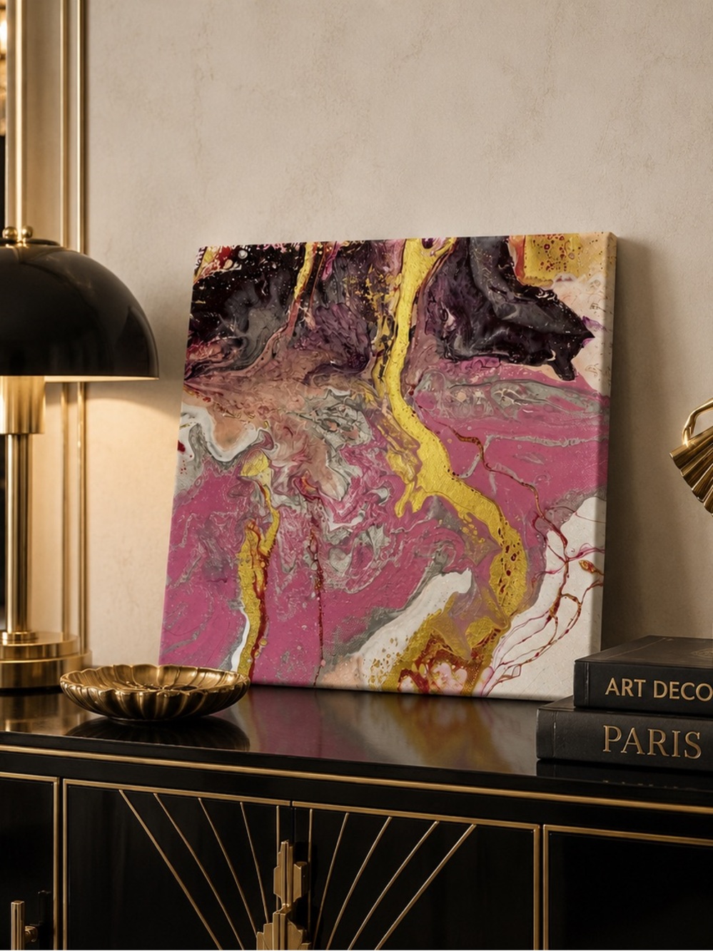 Abstract Pink and Gold Fluid Art Canvas - Contemporary Home Art Handmade